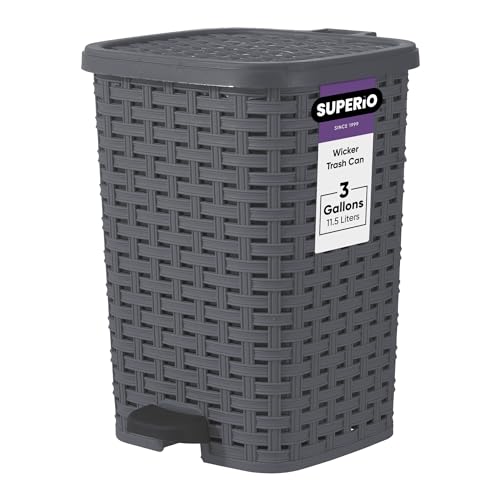Image of Superio Mini Trash Can with Foot Pedal Small Outdoor Garbage Can with Lid, 3 Gallon Plastic Waste Basket for Bathroom, Bedroom, Kitchen, Office, Patio (Wicker Grey 12 QT.)