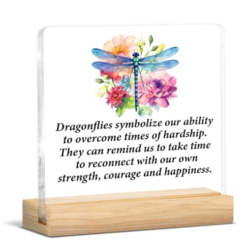 Dragonfly Gifts for Women Men, Inspirational Gifts for Dragonfly Lovers Friends, Dragonflies Symbolize Acrylic Plaque Sign with Wooden Stand Home Office Decor0525