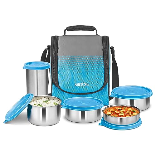 MILTON Tasty 4 Stainless Steel Lunch Box with 4 Containers, (1-200 ml, 2-320 ml Each, 1-500 ml) and 1 Tumbler, 530 ml, Cyan