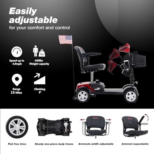 4 Wheel Mobility Scooter 400 lb Capacity, Foldable Electric Scooter for Seniors and Adults, Heavy Duty Travel Model with Lights, Basket, and 300W Long-Lasting Battery -Red