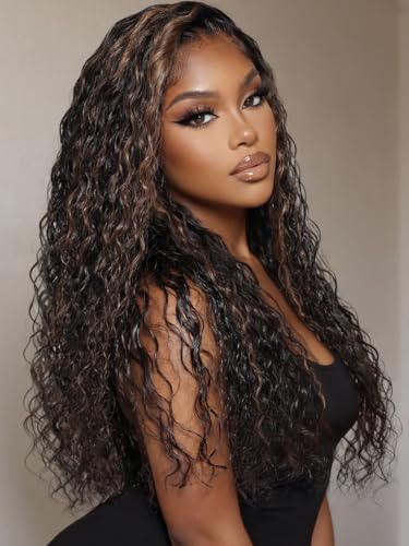 Image of KLAIYI Golden Brown Water Wave Bye Bye Knots Glueless Wig Human Hair Highlight 7x5 Precut Lace Front Pre Plucked Bleached Ombre 3S Ready to Wear Go Beginners Wig with Dark Roots Deep Curly Wave 24Inch