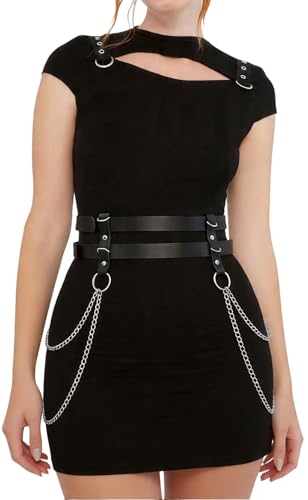 WARANDOD Adjustable PU Leather Double-Layer Chain Belt for Women, Punk Goth Waist Harness with Alloy Chains, Fashion Statement Accessory for Dresses & Outfits (Fit Waist 25.0-36.2in)