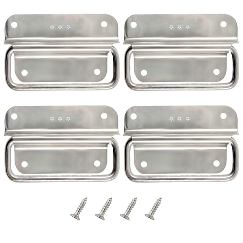 Runseaway 4PCS 4 Inch Stainless Steel Chest Handles, Hidden Folding Handle, Toolbox Pull Ring Handle, Cabinet Door Handle, Heavy Duty Pull Handle for Toolbox Chest Case
