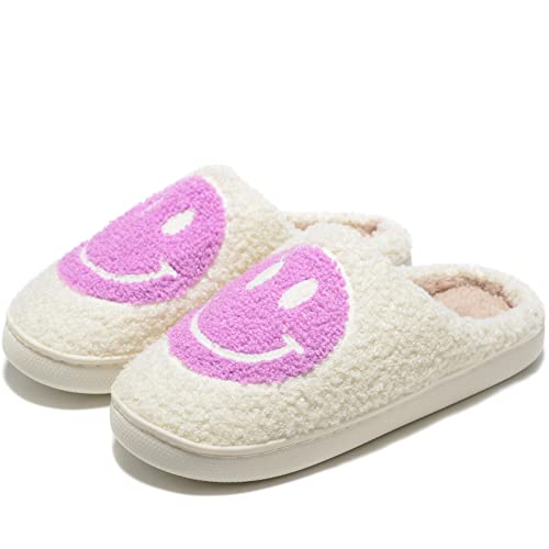 Image of Retro Fuzzy Face Slippers for Women Men, Retro Soft Fluffy Warm Home Non-Slip Couple Style Casual Smile Face Slippers Indoor Outdoor Anti-Skid Warm Cozy Foam Slide Fuzzy Slides with Soft Memory Foam Shoes