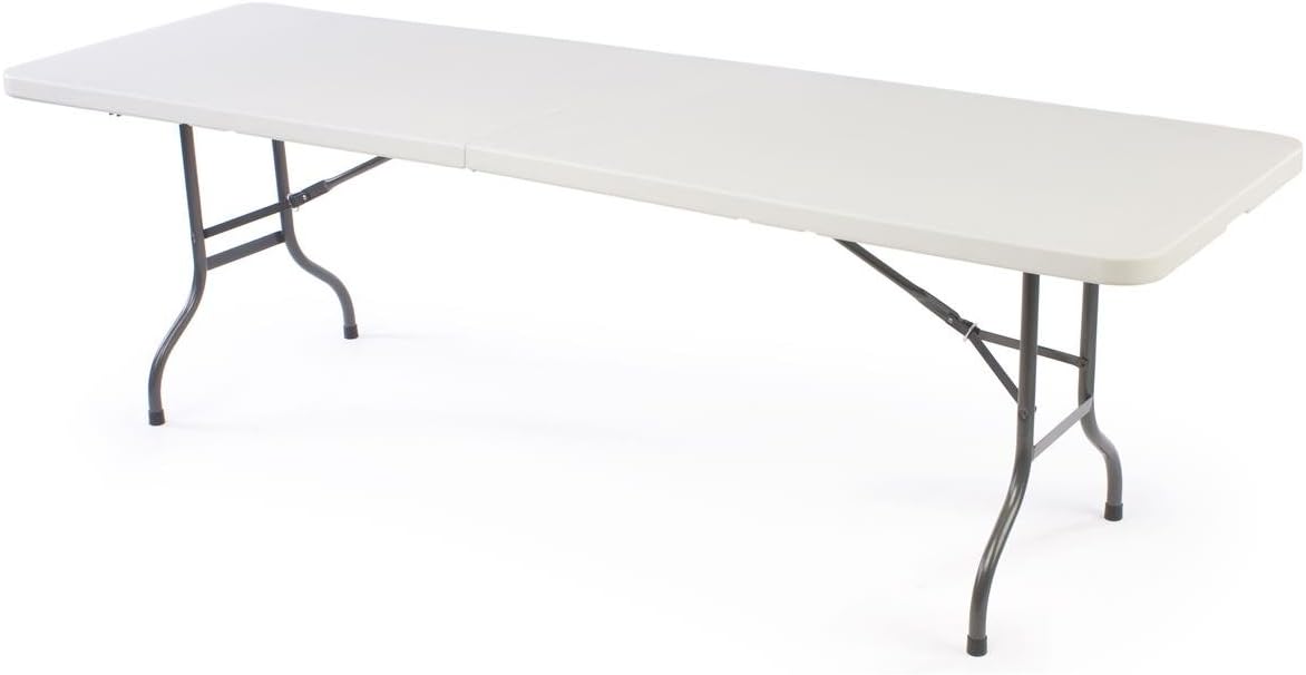 Displays2go 8-Foot Portable Folding Table with Comfort Handle Grip, 29.25 Inches Tall - Gray Speckled, Molded Plastic Top