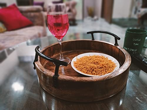 Industrial Handmade Unique Round Shape Wooden Serving Tray With Metal Handle Deep Rustic Design Tray Set Of 2 #TOP6