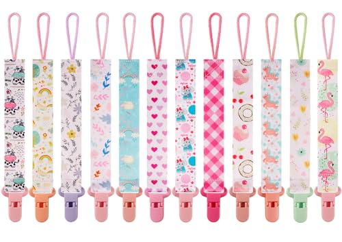 12 Pack Pacifier Clips with Strap 25.5cm - Premium Polyester Baby Pacifier Holder Set, Multi-Design Clips for Girls Boys（Multi Color B）