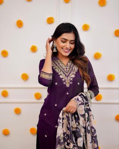 Image of Women Afghani Viscose Rayon Kurta Pant Dupatta Set with Embroidered Neck Work and Floral Print Organza Dupatta | Ethnic Straight Suit Set