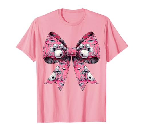 Coquette Bow Drum Girl con estampado de batería, mamá, linda, rosa Camiseta