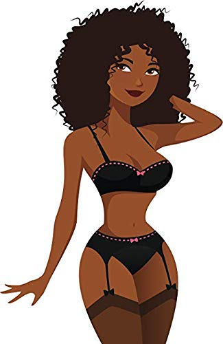Sexy Woman of Color in Lingerie Cartoon Vinyl Decal Bumper Sticker (12" Tall)