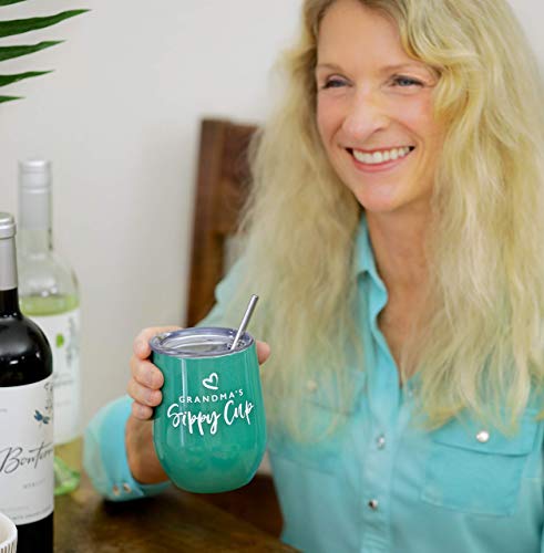 Grandma Gift Insulated Wine Tumbler - 12Oz With Steel Straw, Bpa Free Lid, And Straw Cleaning Brush - Stainless Steel Stemless Wine Tumbler - Grandma's Sippy Cup - Coffee, Tea, White Wine #TOP3