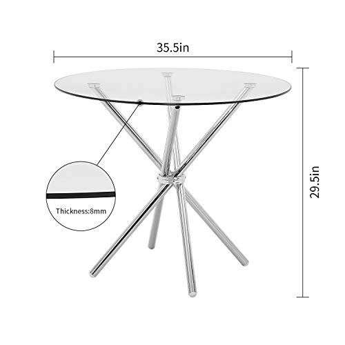 Dining Table Modern Kitchen and Dining Table with Round Glass Top and Stainless Steel Base - Thumbnail 5