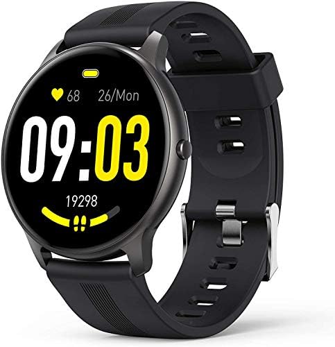 Smart Watch for Android iOS, AGPTEK 1.3” Full Touch Fitness Tracker IP68 Waterproof Bluetooth Round Sports Smartwatch with Heart Rate Monitor Message Notification DIY Watch Face for Men Women (Black)