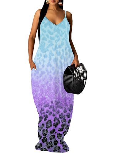 Image of Women's Summer Maxi Dress Spaghetti Strap Floral Boho Beach Long Sundress with Pockets