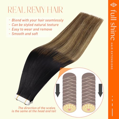 Image of Full Shine Tape in Extensions, 20 Inch Black to Brown Blonde | 50g 20PCS, Brazilian Invisible Hair Extensions Tape In, Soft Texture Seamless Finish Lightweight Wear for Bridal Styling