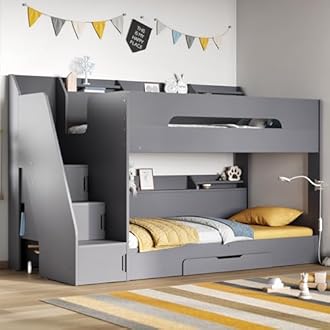 Double Bunk Beds for Kids, Staircase Bunk Bed with Storage, Heavy Duty and Sturdy, Cosy, Stylish, Space Saving Design (Grey)