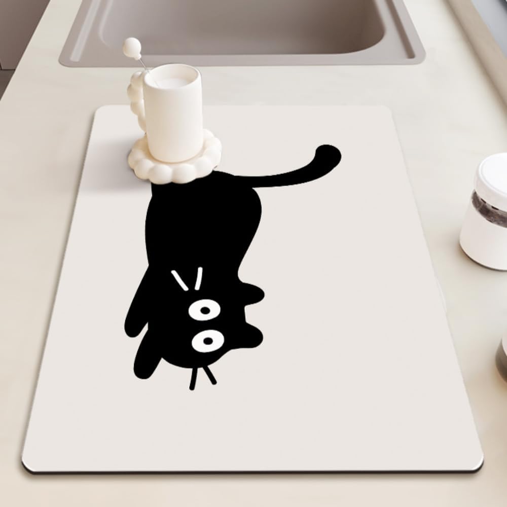 Dish Drying Mat Cute cat kitchen drain mat Countertop mat absorbent quick dry counter counter table water filter mat (Lay cat,16*20 in), 240710-02