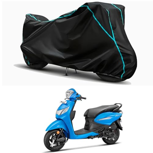 Image of Waterproof Bike Body Cover Compatible for | Hero Pleasure Plus LX | Taffeta Fabric, Sky Piping Design, Bottom Elastic Fit | Dustproof, Sun UV & Rain Protection for All Weather.