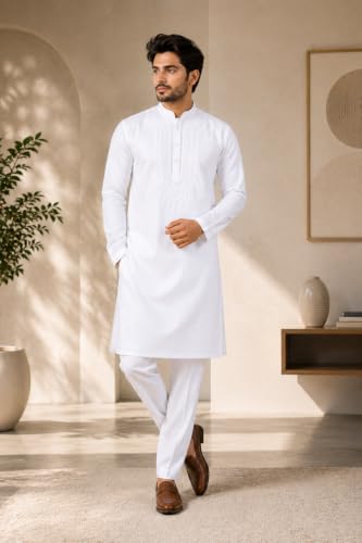 Image of Men's White Kurta Pyjama Set with Chikankari Embroidery