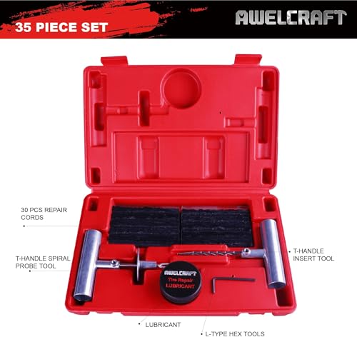 Image of AWELCRAFT 35-Piece Heavy Duty Tire Plug Kit - Professional Flat Tire Repair for Car, Truck, Motorcycle, ATV, SUV - T-Handle Tools, Storage Case - Easy Puncture Repair, No Tire Removal Needed