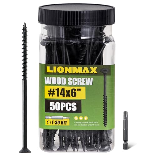 Image of LIONMAX Deck Screws #14 x 6 Inch, 50 PCS, Black Long Wood Screw, Rust Resistant, Exterior Epoxy Coated for Outdoor Decking, Torx /Star Drive Head, T30 Star Bit Included