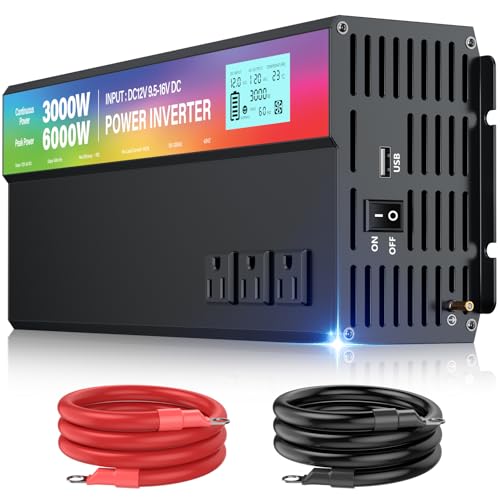 3000W Power Inverter,Peak Power 6000W 12V DC to AC 110V120V,with 3 AC Outlets and 3.4 A USB Port,LED...