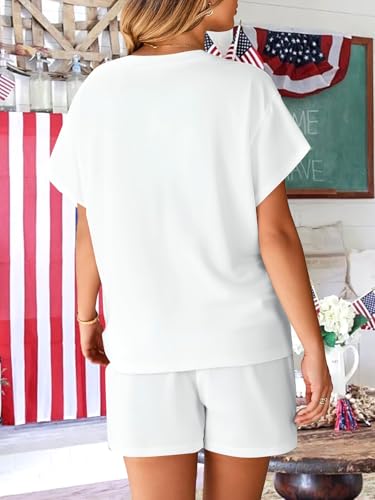 Image of VILOVE 4th of July 2 Piece Sequin Outfits Women 250 Anniversary Usa Shirts and Short Sets Casual Patriotic Shirt Summer Set