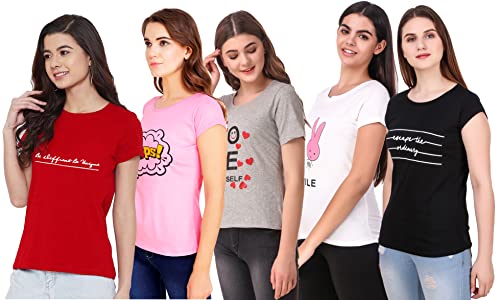 Image of NIVIK Printed, Cotton Tops & T-Shirts. Combo of 5 Tops for Women & Girls (X-Small, Grey-Red-Pink-Black-White)