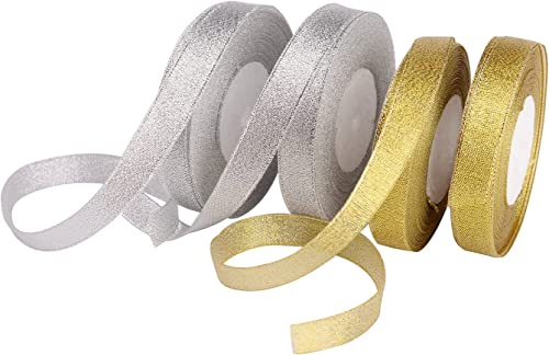 100 yard Ruban cadeau à paillettes métallique décoratif en organza pour bricolage, mariage, Noël, cadeau, emballage artisanal (or, argent) Cover