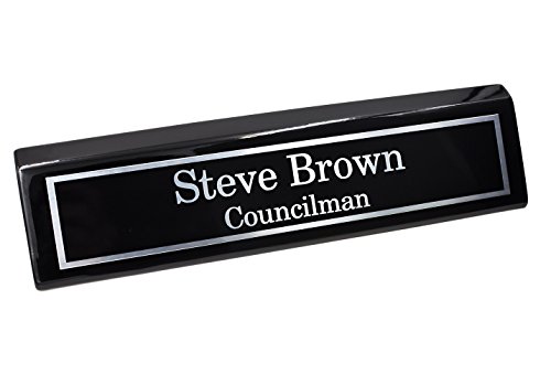 Custom Desk Name Plate | Silver Aluminum Plate on Black Wedge with Piano Finish | Custom Name Wedge | Personalized Black Desk Wedge
