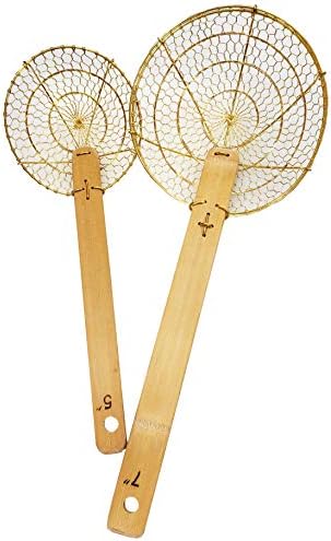 5" & 7" Set Round Brass Spider Strainer Sets with Bamboo Handles