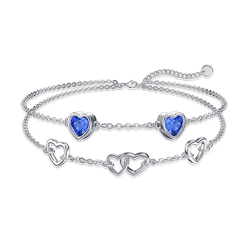 ROMANTICWORK Tobillera para mujer de plata de ley 925, doble tobillera con corazón, ajustable, para la playa, regalo para mujeres, Plata de ley