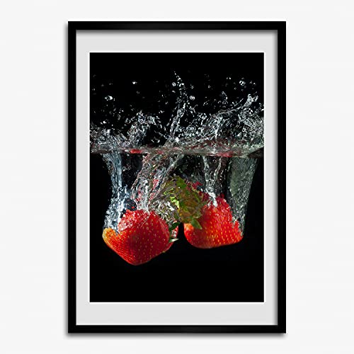 Affiche 50x70 cm fraises sous l'eau avec grand cadre de peinture moderne et tableau en bois MDF