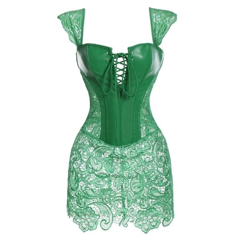 Corset Corpete Corselet Mini Saia Modela Cintura Valoriza Seios Couro Sintético Renda Verde M719
