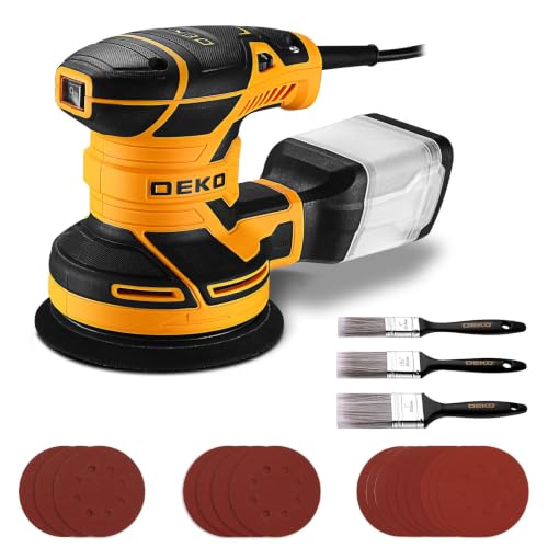 Image of DEKOPRO Electric Orbital Sander for Wood: Sanding Machine with Dust Collector, 16Pcs Sandpapers, 6 Variable Speed 14000RPM, 125MM Hand Tool, 3 Flat Paint Brushes, Fit for Woodworking/Sanding (Yellow)