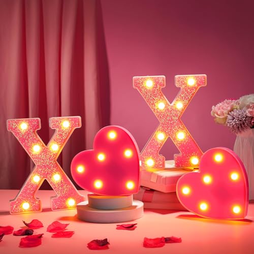 VIHOSE 4 Pcs Valentine's Day LED XOXO Night Lights Illuminated Alphabet Letters Pink XOXO Light up Sign for Valentine's Day Wedding Birthday Party Decoration Boyfriend Girlfriend Lover Gift