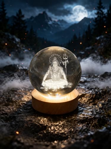 Image of 3D Crystal Ball Night Lamp with Wooden Base, LED USB Decorative Light (Shiv (Medium))