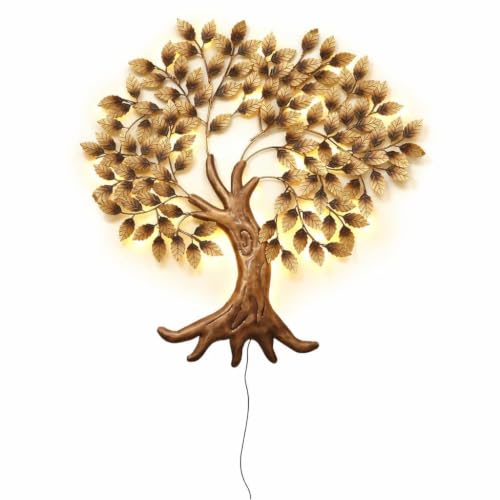 Image of Bharat Art Metal Big Tree Wall Art with LED Light Handcrafted Iron Wall Hanging for Living Room Bedroom Hall Office Entrance | Zora Tree B Golden 45 x 2 x 45 Inch | WD111 (B)