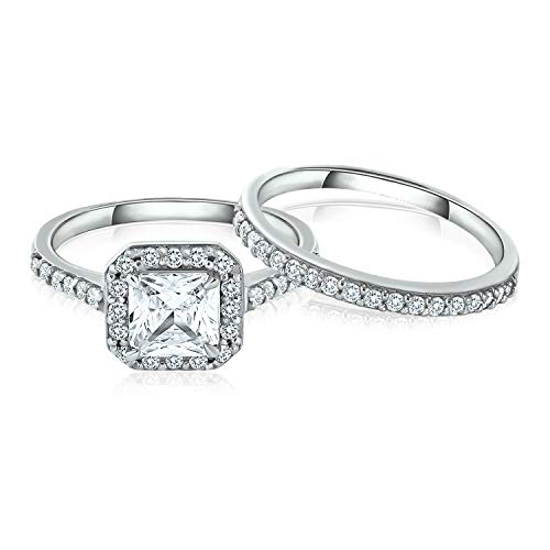SEA OF ICE Engagement Rings Princess Cut – Elegant Wedding Engagement Ring Set – 925 Sterling Silver and Cubic Zirconium Rings for Women - Princess Cut Halo Engagement Ring and Band – 6 x 6mm2