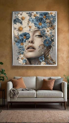 Visage féminin avec fleurs bleu beige pour habiller un mur nu