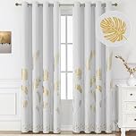 BUHUA Gold Foil Blackout Curtains Thermal Insulated Palm Tree Leaves Window Drapes Room Darkening Curtains for Living Room, 2 Panels (52x72 inch, Greyish White)