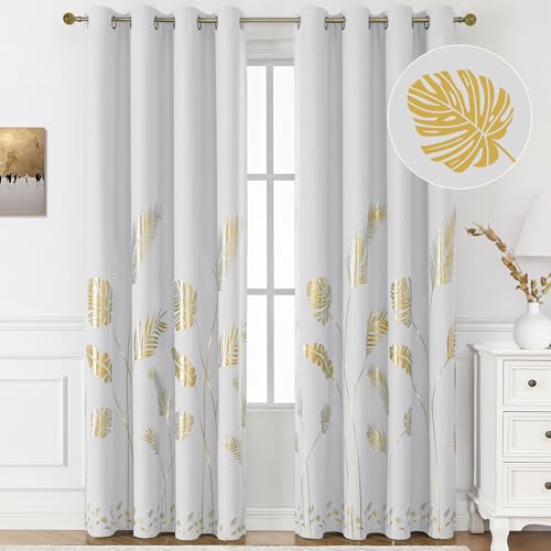 BUHUA Blackout Curtains 84 Inches Length Gold Foil with Palm Leaf Design Thermal Insulated Window Drapes Room Darkening Noise Reducing Curtains, 52Wx84L, Greyish White, Set of 2 Panels
