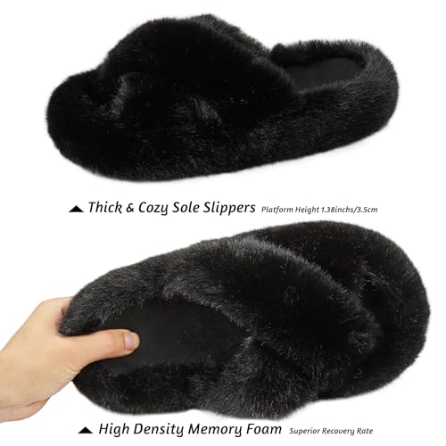 Image of Women's Slippers, Black Cross, Size 8-9, Memory Foam, Faux Fur, Flat Heel, New Year, Solid, Plush, Round Toe