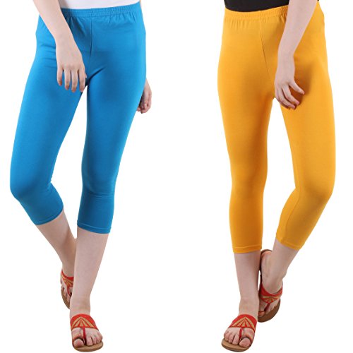 Image of DIAZ Women Cotton Stretchable Capri | Slim /Regular Fit | Breathable Yoga, Gym & Lounge Wear | High-Waist Stretchable 3 /4 Length Leggings with Wide Waistband - Pack of 2