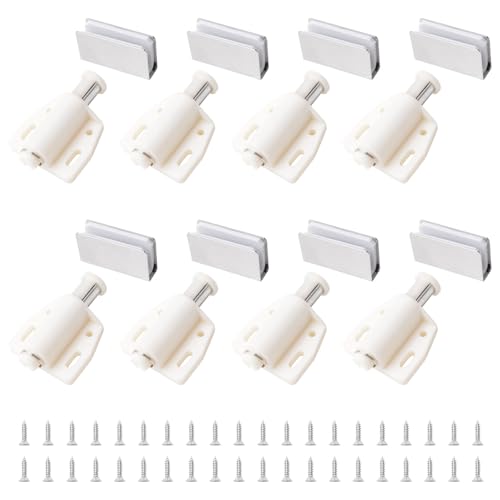 UFURMATE Glass Door Magnetic Catch Latch Closures, 8 Set Push Open Single Door Magnetic Touch Latchs with Cabinet Clamp, Fit for 3-6mm Glass (Silver & White)