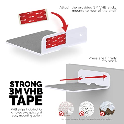 Brainwavz 2-Pack 4” Small Floating Shelf Bluetooth Speaker Stand, Adhesive & Screw Wall Mount, Anti Slip, For Cameras, Baby Monitors, Webcam, Router & More, Universal Holder (Shelf11 White) #TOP5