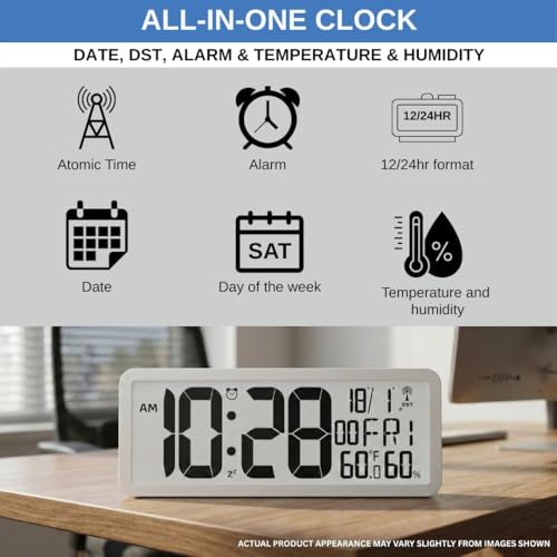 Atomic Digital Wall Clock Battery Operated Large Display | Automatic Time Setting with Day Date Temperature Humidity Alarm 12/24 Hour | Wall Or Desk Clock for Home Office Seniors - Image 4