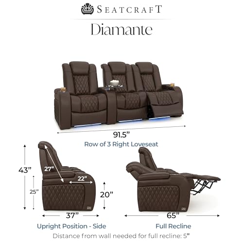 Image of Seatcraft Diamante Brown Italian Leather Home Theater Seating, Zero Gravity Power Recliner Gaming and Home Office Chair Powered Headrest Lounge Sofa Furniture for Cinema Room, Row of 3 Right Loveseats