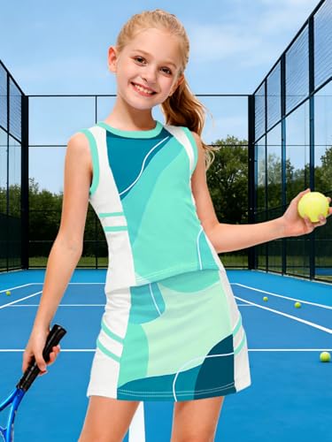 Image of AOBUTE Girls Tennis Golf Outfit Tank Top and Skirt with Shorts Set 4-12 Years