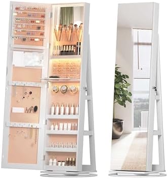 Jewelry Armoire Cabinet 360  Swivel Mirror Jewelry Cabinet With Led Lights,Full Length Mirror With Storage,Lockable Free-Standing Frameless Mirror With Key For Women's Bedroom
